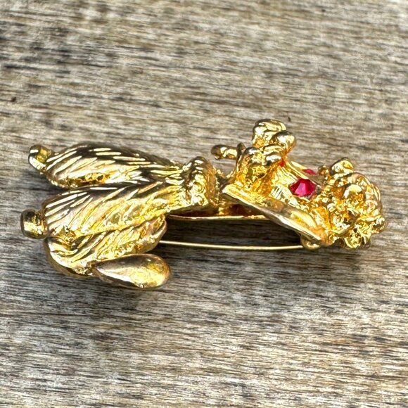 Vintage Gold-Tone Poodle Brooch With Red Rhinestone Eyes - Picture 5 of 9